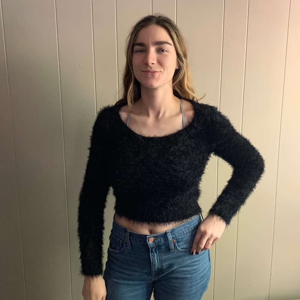black fuzzy crop sweater